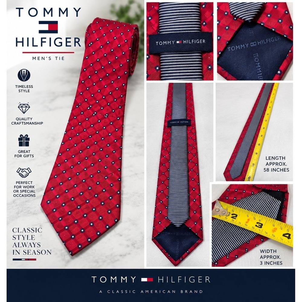 Tommy Hilfiger Men's Tie Red Navy Geometric Classic Necktie 3" WideDescription